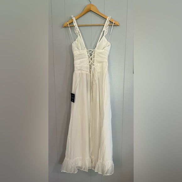 NWT Lulus Plunge Midi Dress, spaghetti strap w/ruffle, lace-up back, Tencel, Wht - Picture 12 of 15